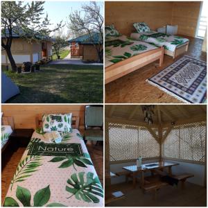 three pictures of a room with two beds and a table at Apartments in Nature in Visoko