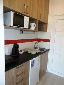 a small kitchen with a sink and a microwave at Sunrise Apartman in Siófok +23 photos