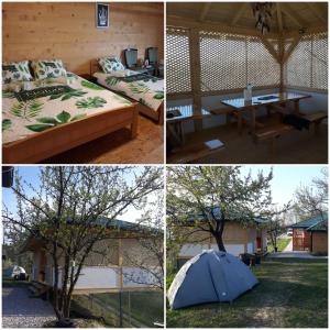 vier foto's van een huis met een bed en een tent bij Apartments in Nature in Visoko