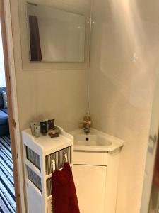 a small bathroom with a sink and a bird cage at Bumble’s Barn in Slamannan +27 photos