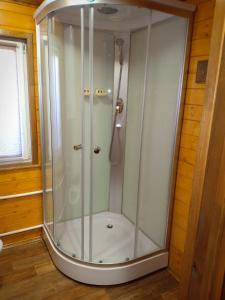 ジュラトクリにあるZyuratkul - Dom Tayozhnikaのバスルーム(ガラスドア付きのシャワー付)