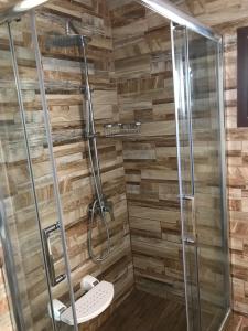 a shower in a bathroom with a wooden wall at Anastasia House in Panagia +16 photos