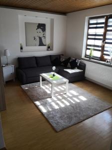 EmmerthalにあるApartment Ferienwohnung Emmerthal auch für Monteure FeWoのリビングルーム(ソファ、コーヒーテーブル付)