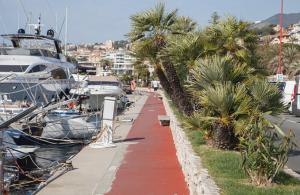 un port de plaisance avec des bateaux, des palmiers et un trottoir dans l'établissement Casa delle Ginestre Bike, à Sanremo