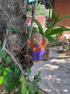 a small toy monkey hanging from a tree at ฟอเรสท์ in Roi Et