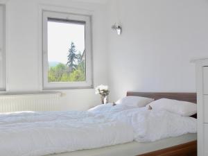 2 bedden in een witte slaapkamer met een raam bij Ferienwohnung Sagenhaft in Bad Harzburg