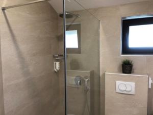 a shower with a glass door and a television in a bathroom at Plitvice Miric Inn in Plitvička Jezera