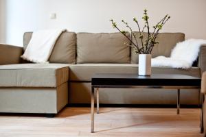 a living room with a couch and a coffee table at Ferienwohnung Klosterstraße direkt am Schloß in Schwerin