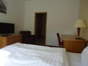 a bedroom with a bed and a desk and a television at Hotel Schweizer Hof in Halle an der Saale