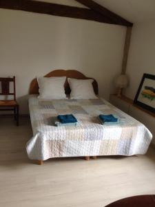 um quarto com uma cama com duas toalhas em la maison ocre em Saint-Julien-de-Briola