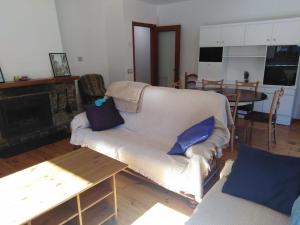 ein Wohnzimmer mit einem Sofa und einem Kamin in der Unterkunft Pis Gran i Acollidor amb LLar de Foc, a Camprodon in Camprodon