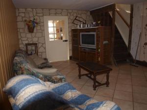 a living room with a couch and a tv at GITE ANNA in Le Châtelet-sur-Sormonne