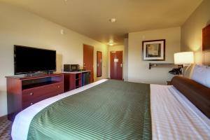 a hotel room with a large bed with a flat screen tv at Cobblestone Hotel & Suites - Charlestown in Charlestown