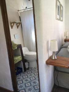 a bathroom with a toilet and a sink and a mirror at Cabañas Elquimista in Pisco Elqui