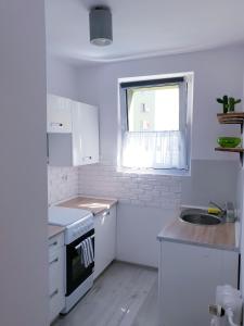 biała kuchnia ze zlewem i oknem w obiekcie Apartament Wałbrzych w Wałbrzychu