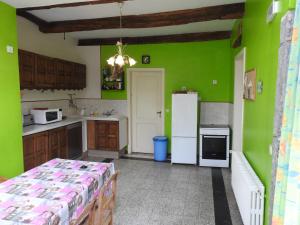 a kitchen with green walls and a white refrigerator at Ancien relais de la diligence in Sart