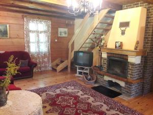 ein Wohnzimmer mit einem Kamin und einem TV in der Unterkunft Siedlisko LILIJKA in Ościsłowo