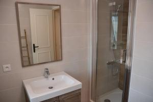 a bathroom with a sink and a shower with a mirror at Résidence Bel Air in Landerneau