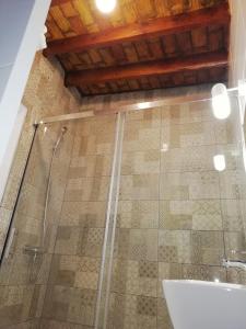 łazienka z prysznicem i szklanymi drzwiami w obiekcie Hostal Sierpes w Sewilli