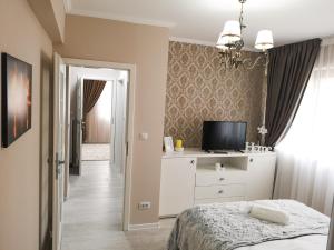 a bedroom with a bed and a television on a counter at YNS Apartaments in Iaşi