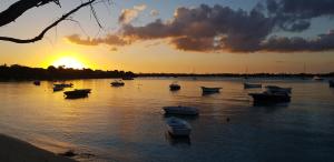 un groupe de bateaux dans l'eau au coucher du soleil dans l'établissement Bella Vista Mauritius, à Grand Baie