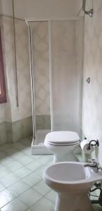 a white bathroom with a toilet and a shower at Ladybug Apartment in Poggibonsi