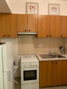 uma cozinha com um fogão branco e um lavatório em CHARMANT T2 PROCHE CENTRE VILLE PLAGE JARDIN DIOR 50 m2 em Granville
