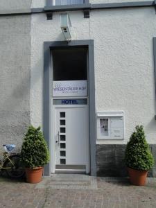 eine Tür zu einem Hotel mit zwei Pflanzen davor in der Unterkunft Wiesentäler Hof Hotel garni in Konstanz