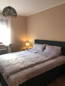 a bedroom with a bed and a table with a lamp at Central-Apartment-Adria in Saarbrücken