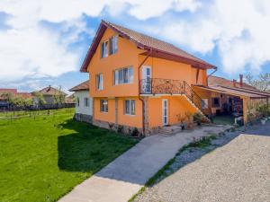 an orange house with a green lawn in front of it at Casa de vacanta Jeny in Novaci-Străini