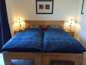 um quarto com duas almofadas azuis numa cama em Villa Ostseebrise em Trent