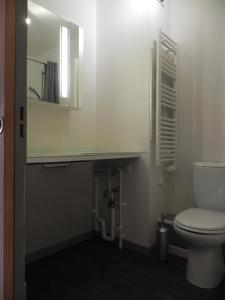 La salle de bains est pourvue de toilettes, d'un lavabo et d'un miroir. dans l'établissement Studio Ttikia, à Cambo-les-Bains