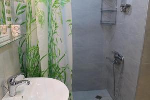 uma casa de banho com um chuveiro, um lavatório e um WC. em Anastasia em Tbilisi