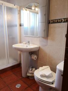 a bathroom with a sink and a toilet and a mirror at Apartamentos La Tarazana 2 in La Pereda de Llanes