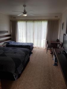 a bedroom with a bed and a desk at Toora Lodge Motel in Toora