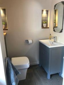 a bathroom with a sink and a toilet and a mirror at Cosy Flint Cottage in Eastbourne