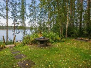 a picnic table in the grass next to a lake at Holiday Home Länsiranta by Interhome in Hirvikoski +17 photos