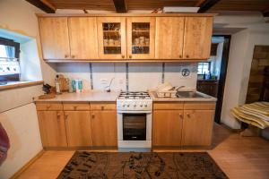 a kitchen with wooden cabinets and a stove and a sink at Hiska Rutar Valley Voje in Studor v Bohinju