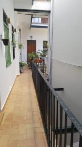 a hallway with a wooden floor and a black railing at Luxury Apartment In Triana Close To The River in Seville