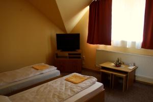a small room with two beds and a television at Pensiunea Bobo Panzio in Sfântu-Gheorghe