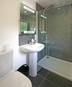 a bathroom with a sink and a shower and a toilet at Suncot Apartment in Salcombe