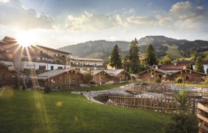 a resort with a green yard with houses and mountains at Alpin Chalets Oberjoch - Luxus Unterkunft mit privatem SPA und Zugang zu 3000 qm SPA Panoramahotel Oberjoch in Bad Hindelang