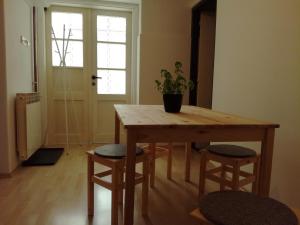 a wooden table with chairs and a potted plant on top at Apartments Garden Zagreb in Zagreb