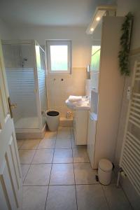 ein Bad mit einem WC, einem Waschbecken und einer Dusche in der Unterkunft Ferienwohnung am Großen Plöner See in Ascheberg