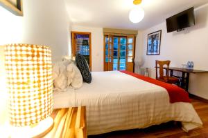a bedroom with a large bed and a table with a chair at Casa Jacinta Guest House in Mexico City