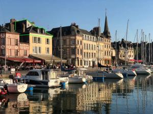 een groep boten aangemeerd in een haven met gebouwen bij Lucarne Enchantée in Honfleur