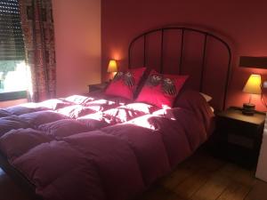 - une chambre avec un grand lit et des oreillers roses dans l'établissement Casa Rural Monterrey Aroche, à Aroche