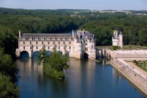 an castle on a river with a bridge at Logis de la Prévôté in Saint-Aignan
