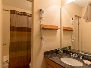 a bathroom with a sink and a shower and a phone at Mountain Chalet Snowmass in Snowmass Village