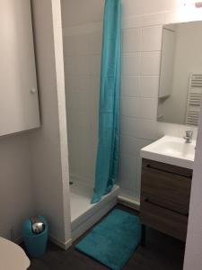 ein Badezimmer mit einer Dusche mit einem blauen Duschvorhang in der Unterkunft T2, accès direct plage, proche thalasso in Cabourg